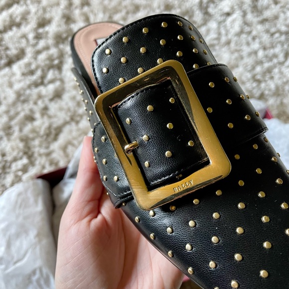 BALLY Janesse Metal Black & Gold Stud Mule Loafers - Picture 9 of 14